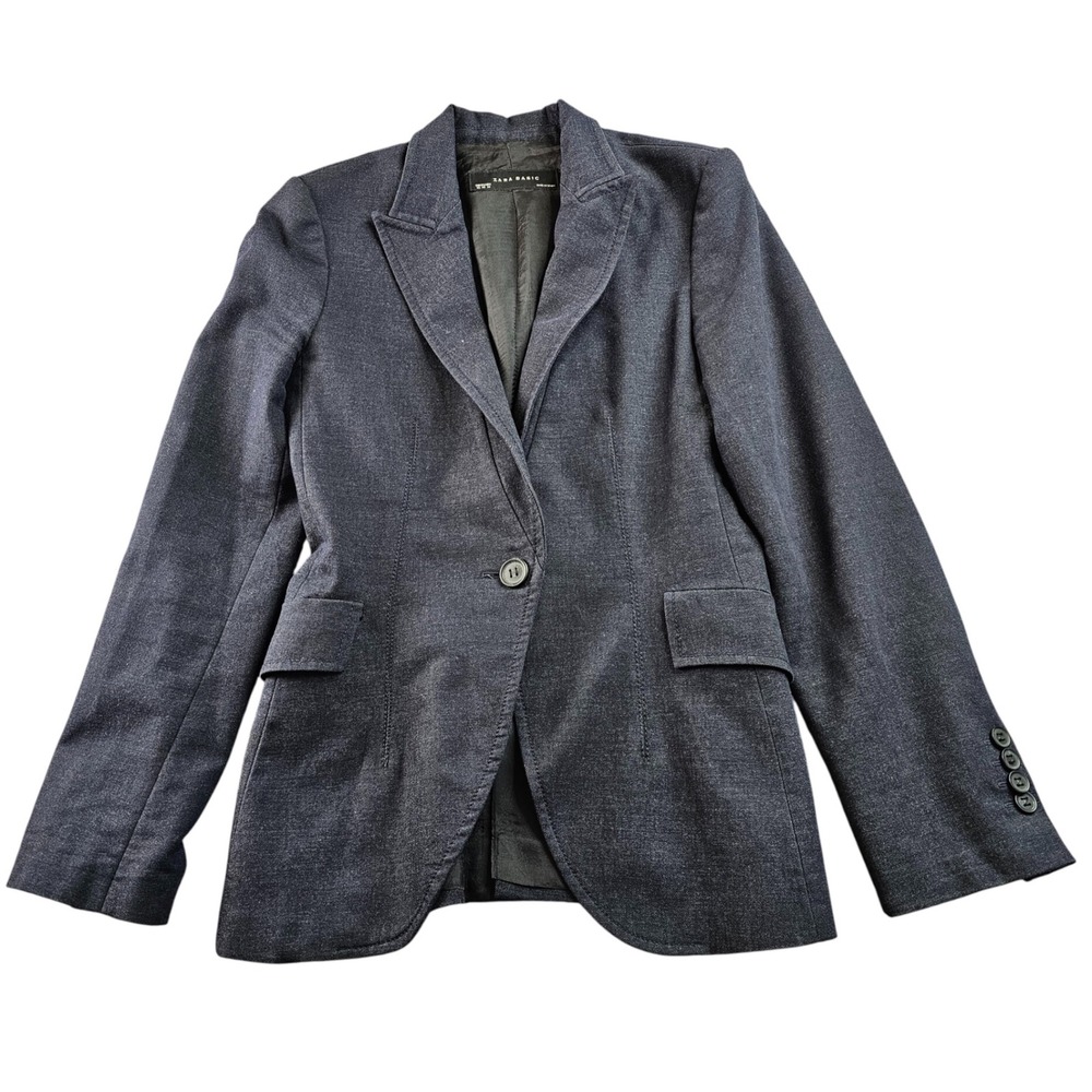 Zara Basic Blazer Jacket Womens XS Dark Gray Formal Notch Lapel Single-Breasted